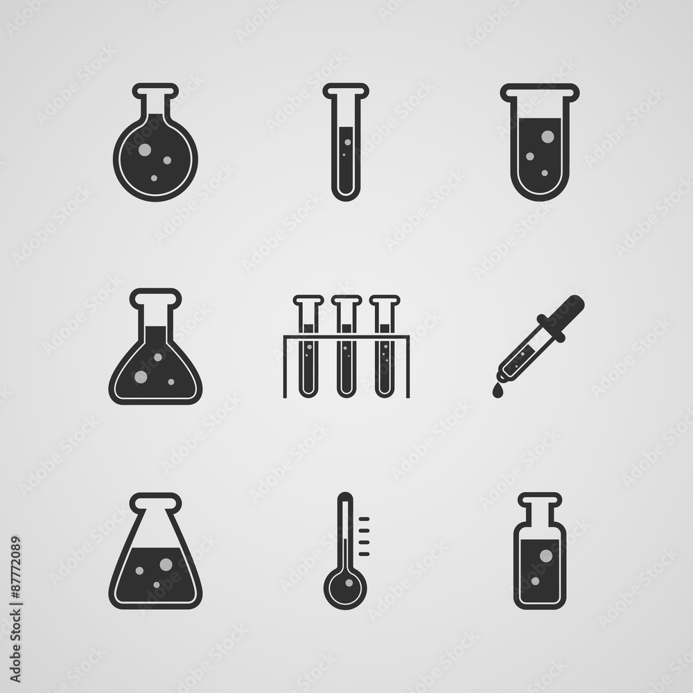 Chemical science lab equipment - test tubes icons. Different shapes. Isolated on gray background.