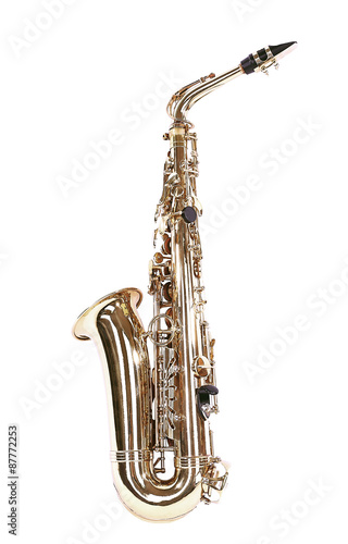 Golden saxophone isolated on white