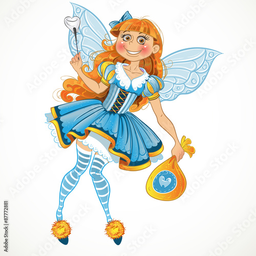 Little tooth fairy with bag of tooth with wings