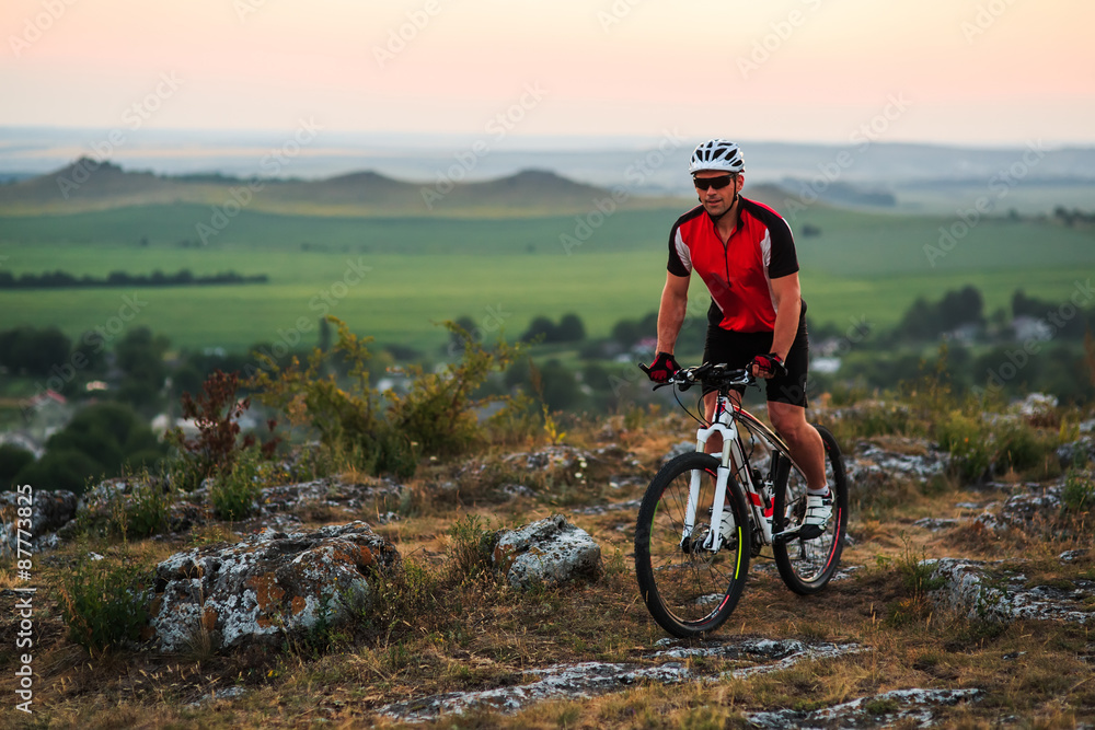 Fototapeta premium Biker riding on bicycle in mountains