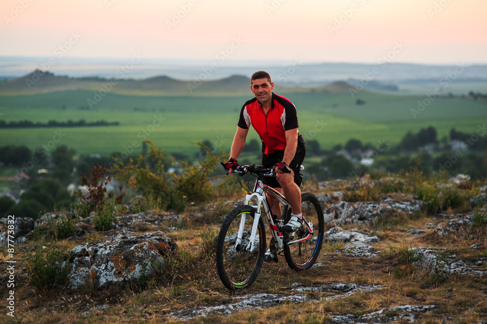 Fototapeta premium Biker riding on bicycle in mountains