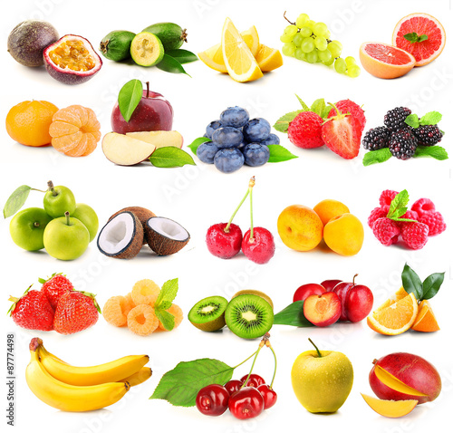 Collage of different fruits and berries isolated on white