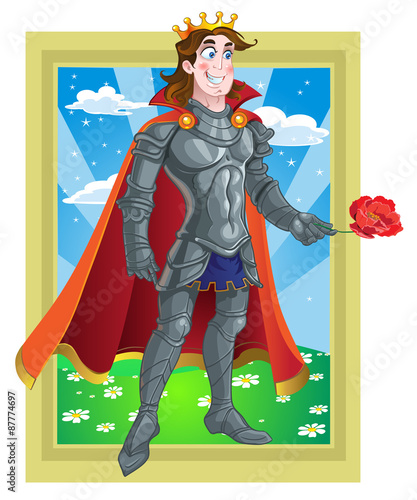 Prince Charming in armour give flover on Fairytale landscape