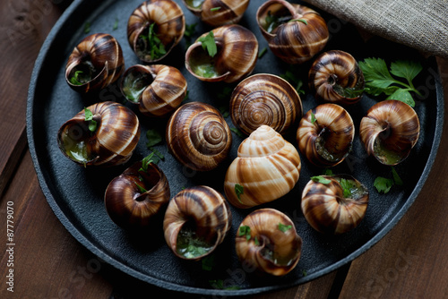 Close-up of baked snails with garlic butter and parsley