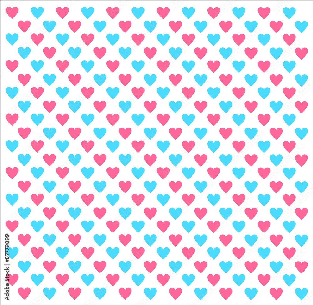 Pink and blue hearts on a white background