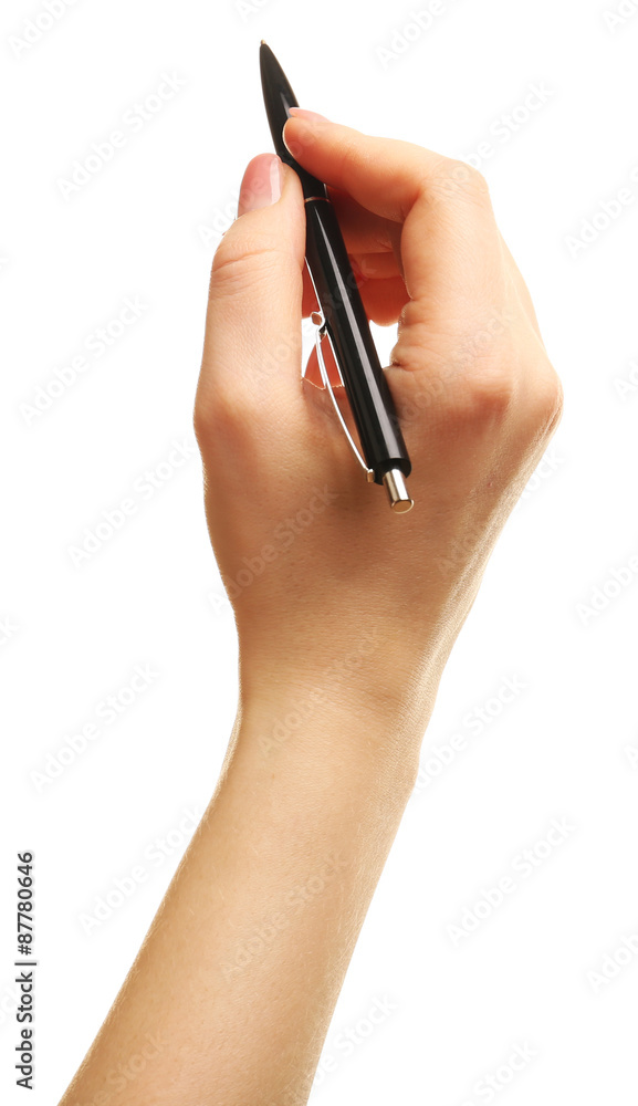 Female hand with pen isolated on white Female hand with pen isolated on white