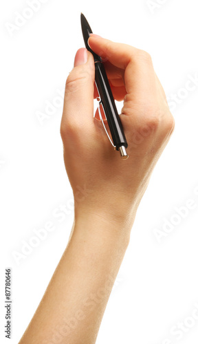 Female hand with pen isolated on white