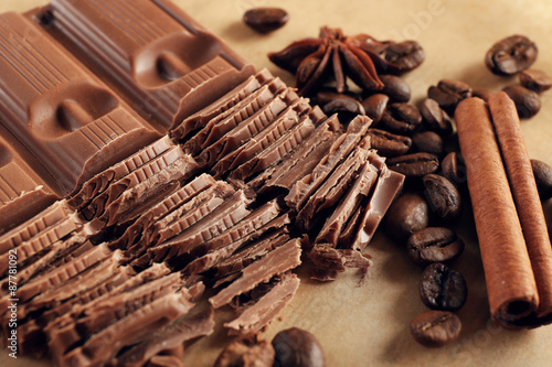 Chopped chocolate on parchment, closeup