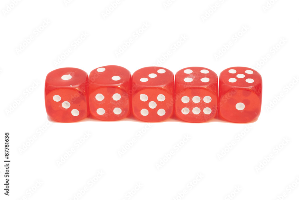Red transparent playing bones isolated on white background Red transparent playing bones isolated on white background