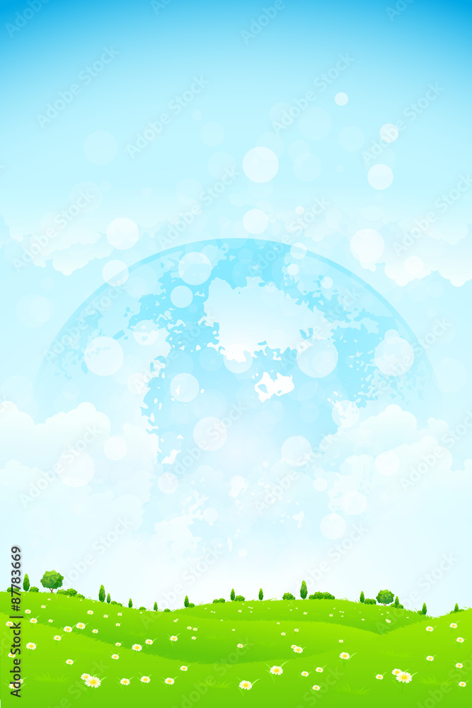 Fototapeta premium Green Background with Planet in the Sky