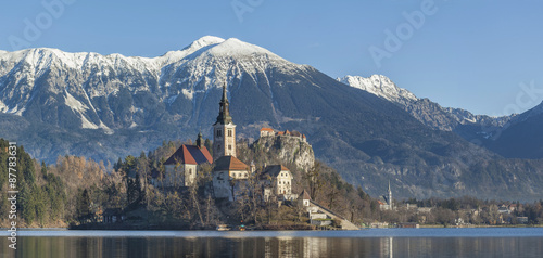 Panoramic view of lake Bled with island, castle and mountains Karavanke in background, Slovenia
