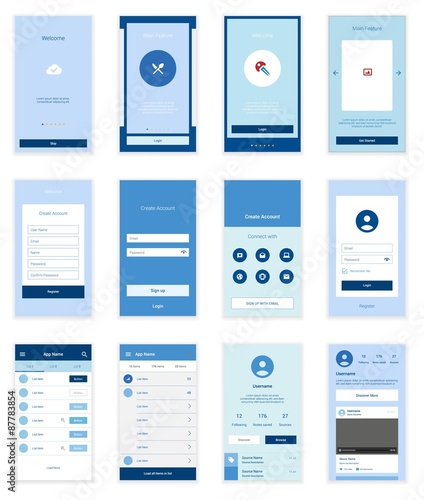 Mobile User Interface 35 Screens Wirefrme Kit for onboarding wizard, login, signup and dashboard list screens. Vector scalable retina UI.