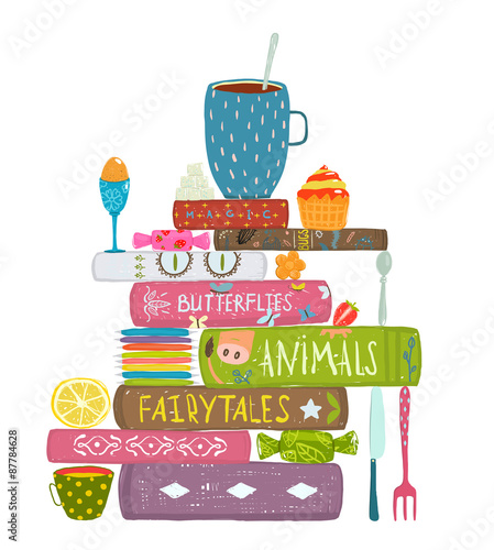 Tea Drinking Eating Pastry and Reading Books Cosy Illustration