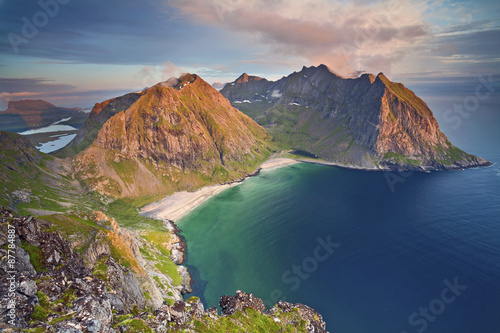 Lofoten Islands. Image of Kvalvika Beach taken from Mount Ryten during sunset.