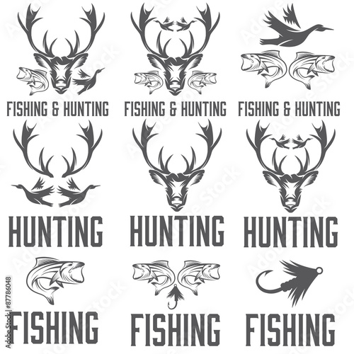 Set of vintage hunting and fishing labels and design elements