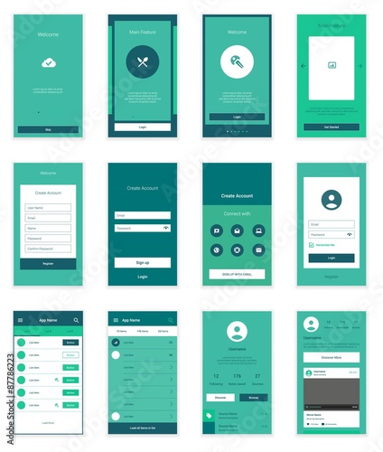 Mobile User Interface 35 Screens Wirefrme Kit for onboarding wizard, login, signup and dashboard list screens. Vector scalable retina UI.