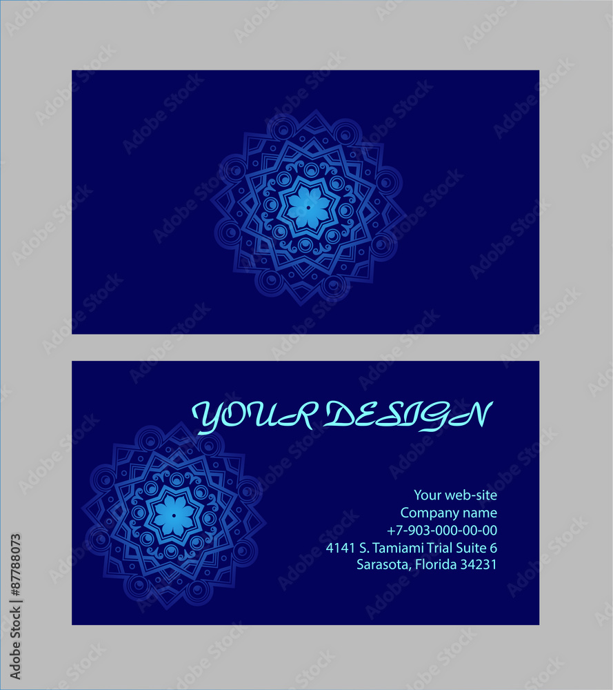 Set of business cards with dark-blue background. Arabic mandala, vector illustration.