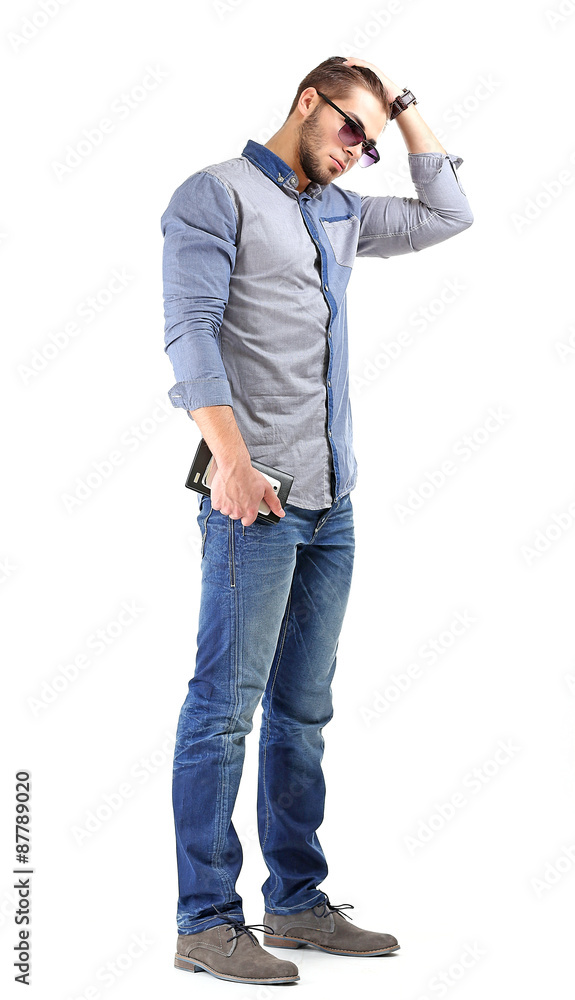 Man in blue shirt and jeans isolated on white Man in blue shirt and jeans isolated on white