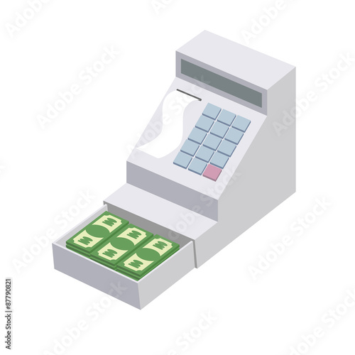 Cashier. Open a cash register with a lot of dollars. Seller box