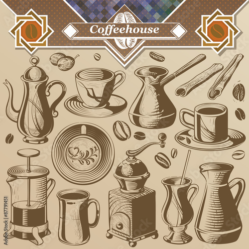 Coffee Dishes Doodle Drawn Set: Cups, Coffee Grinder, Grains and Pot