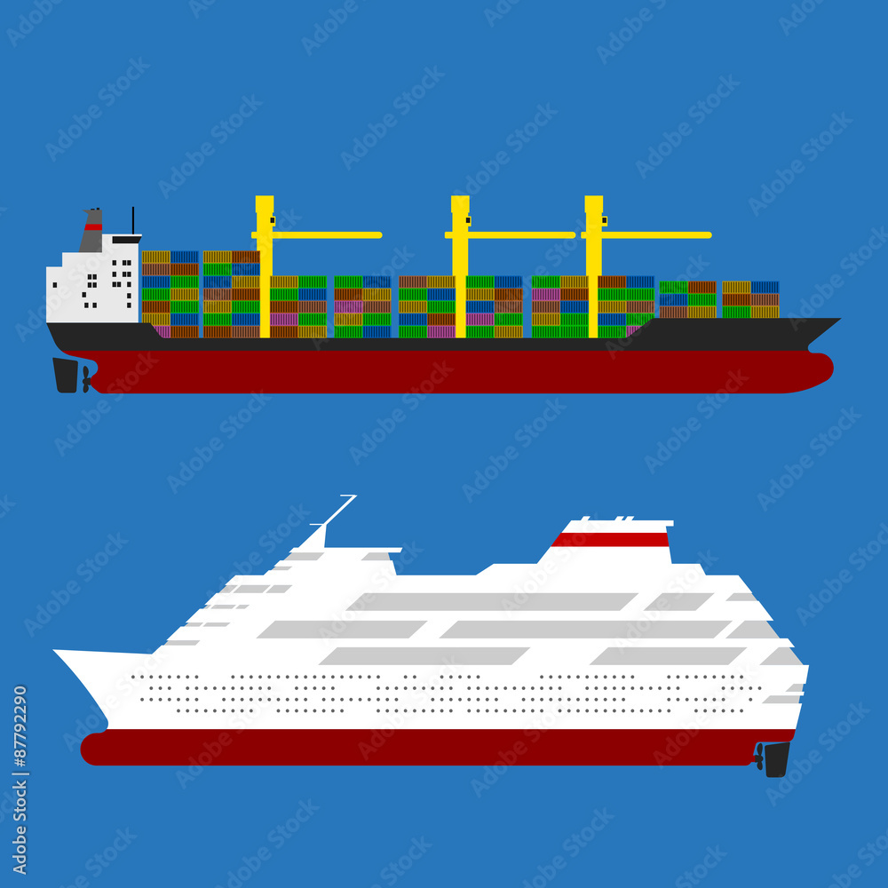 Cargo ship with containers and cruise liner