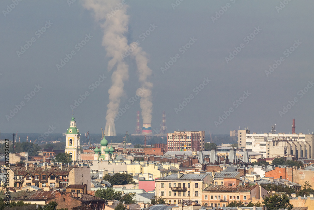 Obraz premium Rooftop view over St. Petersburg with nuclear power plant in the
