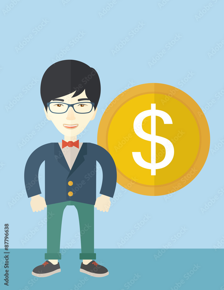 Happy businessman standing with a big dollar coin beside him. Happy businessman standing with a big dollar coin beside him.