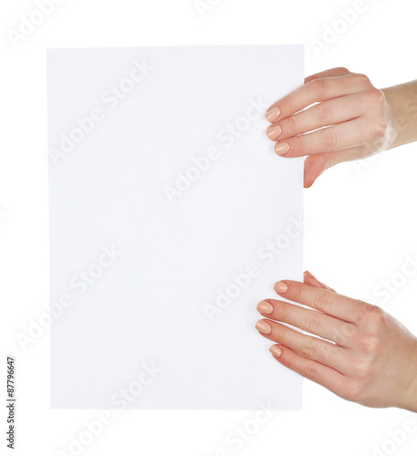 Hands holding blank card isolated on white