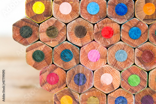 Color pencils on wood background close up ,Color pencils Background texture