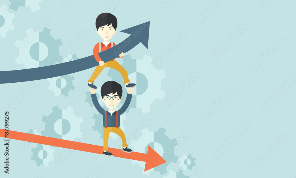 Two aisan guy in two arrows going up and down. Two aisan guy in two arrows going up and down.