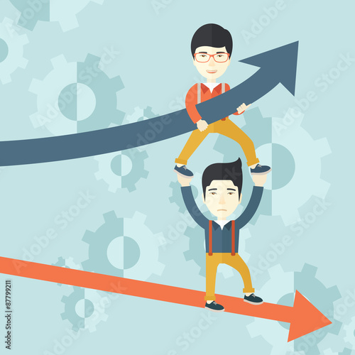 Two aisan guy in two arrows going up and down. 
