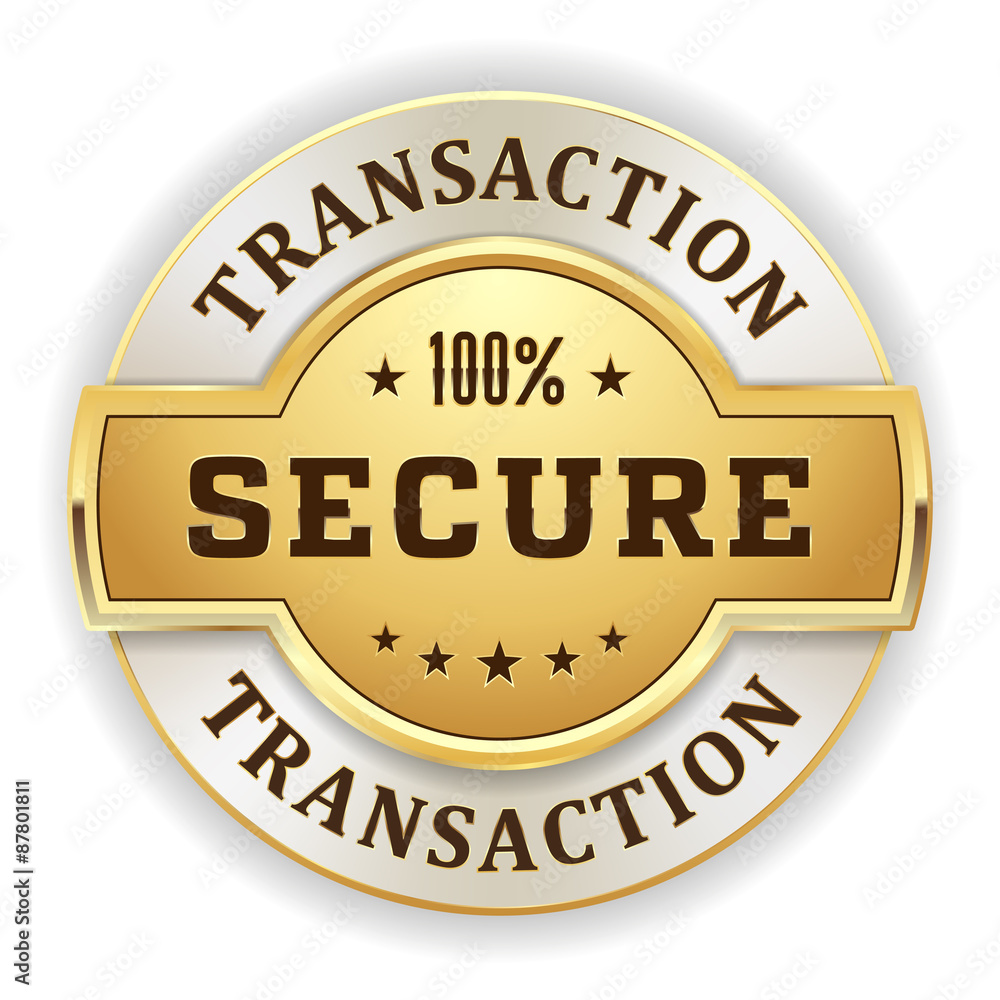 Gold round secure transaction vector badge on white background