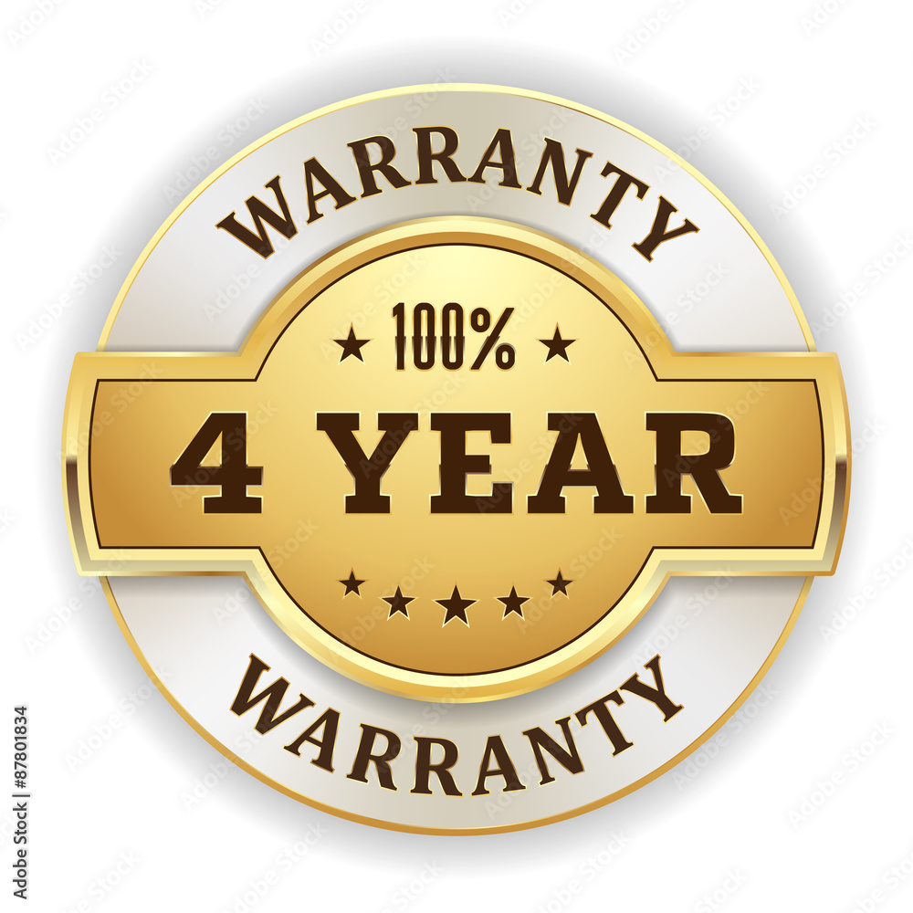 Gold round 4 year warranty  vector badge on white background