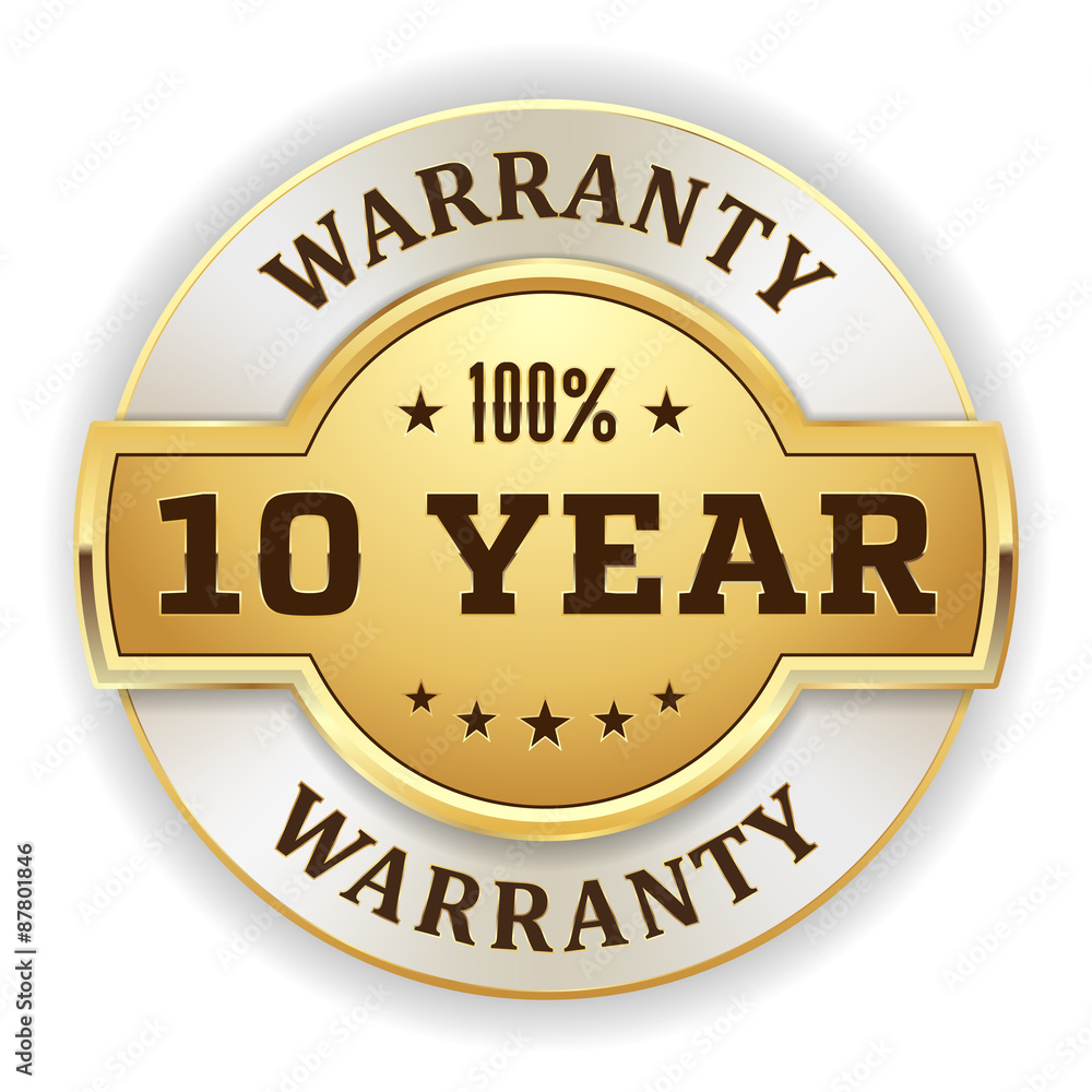 Gold round 10 year warranty vector badge on white background