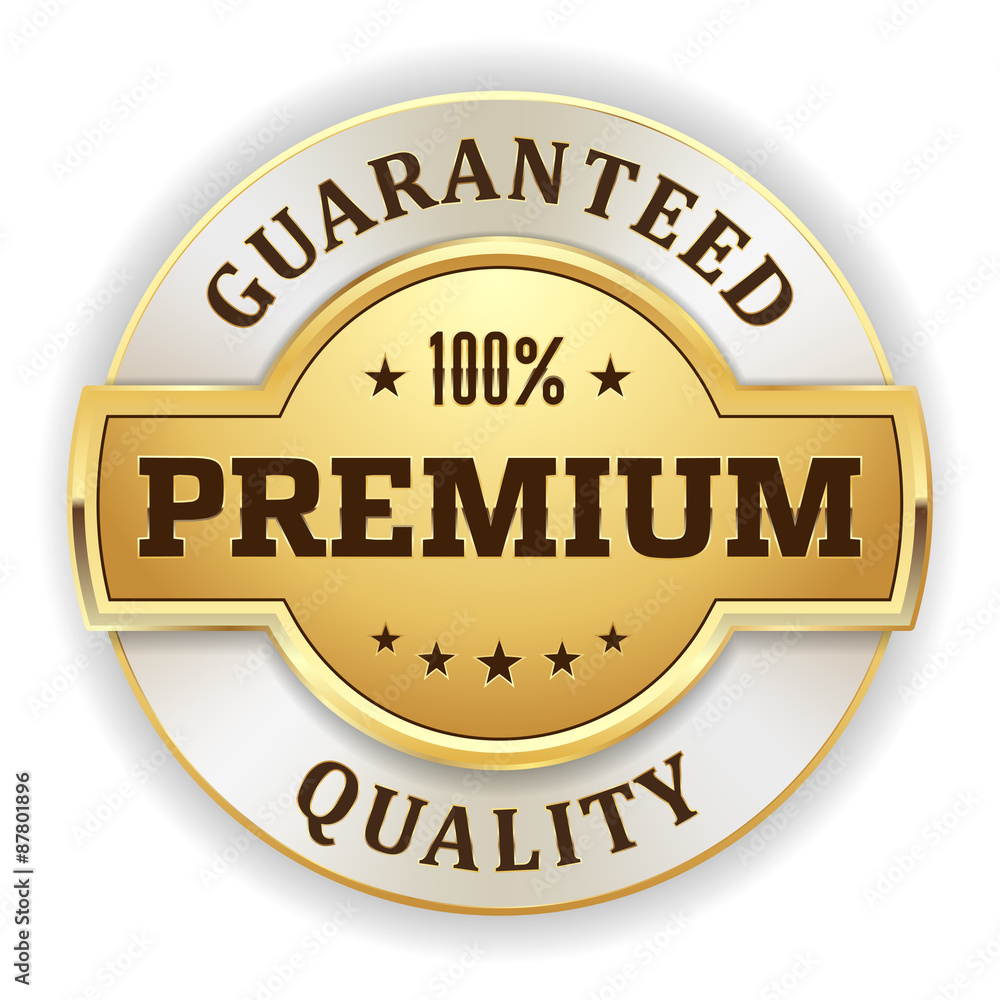Gold round premium quality vector badge on white background