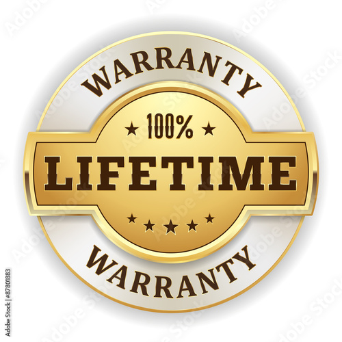 Gold round lifetime warranty vector badge on white background