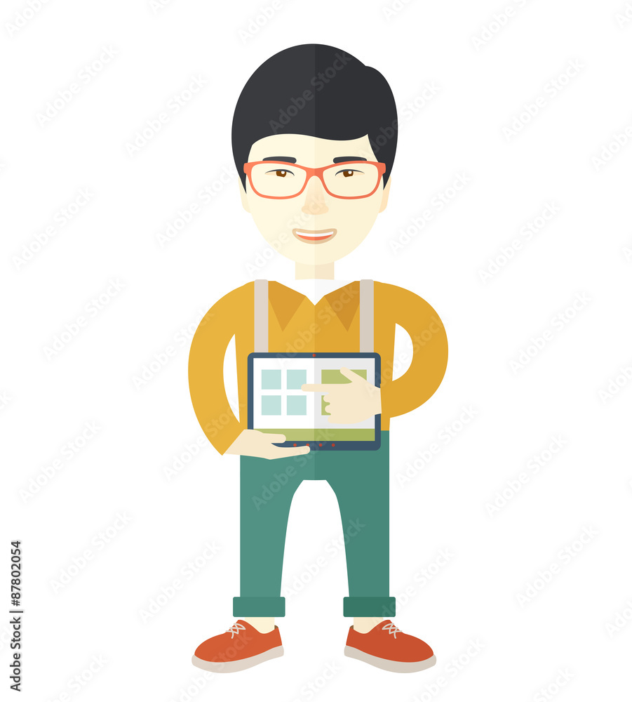 Japanese Man holding a screen tablet