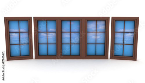 Closed plastic windows with blue sky and clouds. 