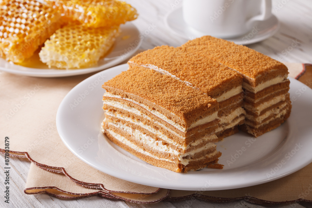 Beautiful close-up of honey cake and honeycomb. horizontal
Beautiful close-up of honey cake and honeycomb. horizontal