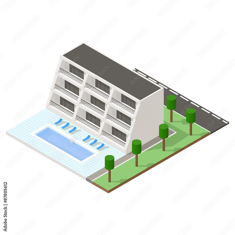 Beach hotel isometric icon set Beach hotel isometric icon set