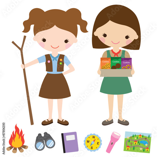 Vector illustration of girl scouts and related items.
