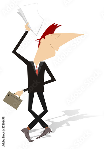 Lucky businessman dances with bag a document in his hands