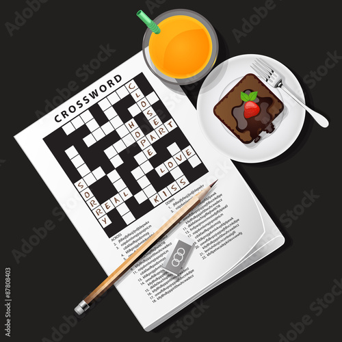 illustration of crossword game with orange juice and chocolate c