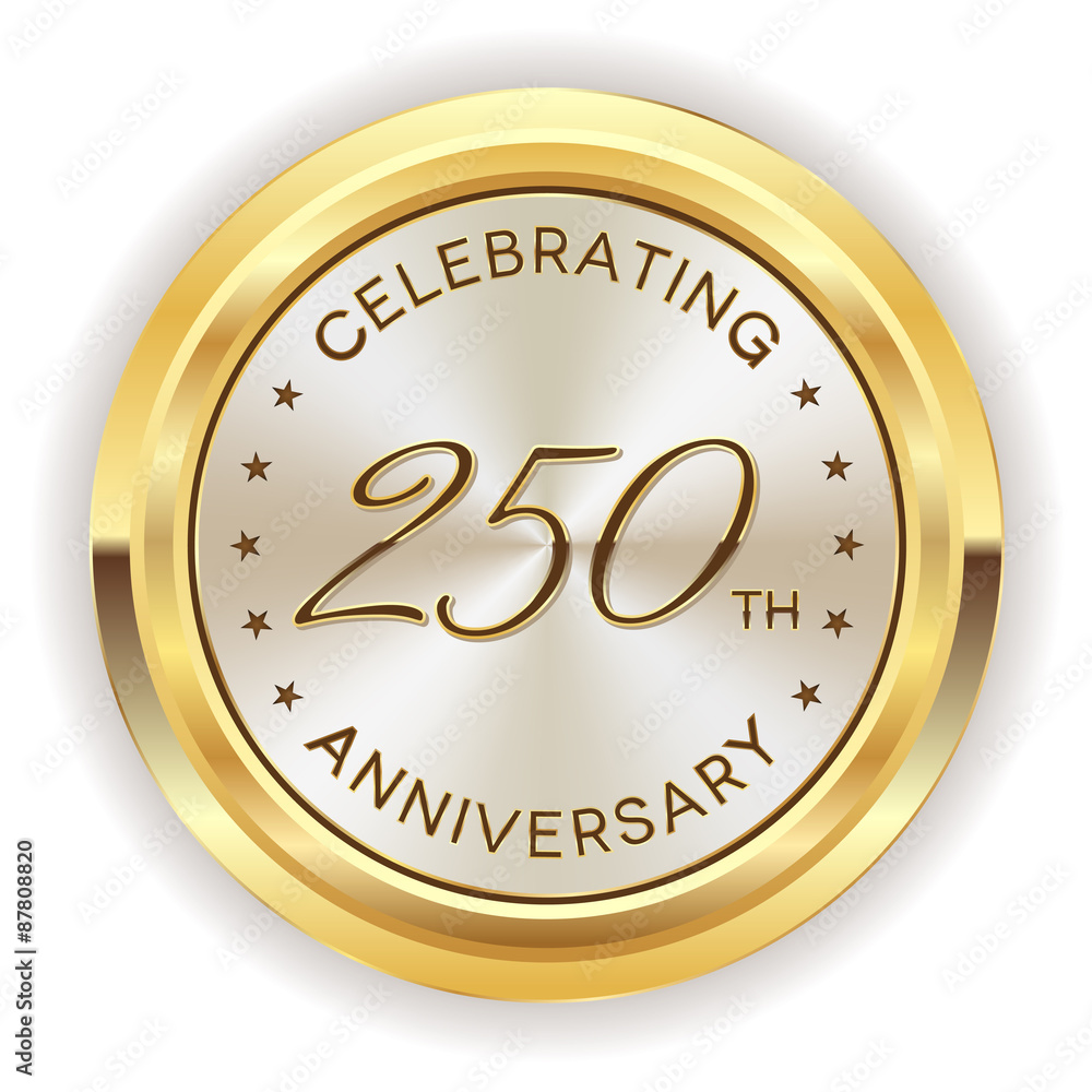 White 250th anniversary badge with gold border on white background White 250th anniversary badge with gold border on white background