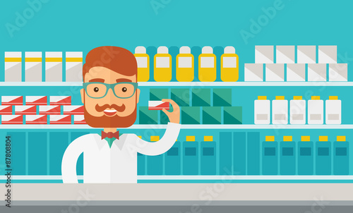 Young  pharmacy chemist man standing in drugstore. 