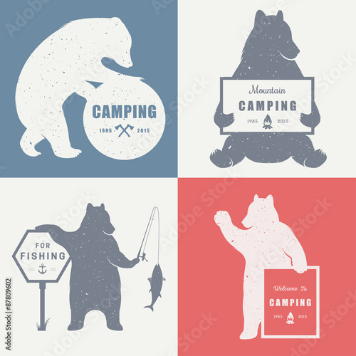 Vintage Illustration bear with sign camping - Grunge effect. Funny Bear with symbol Camp and For Fishing isolated on white background for posters, camp clubs and Web emblems