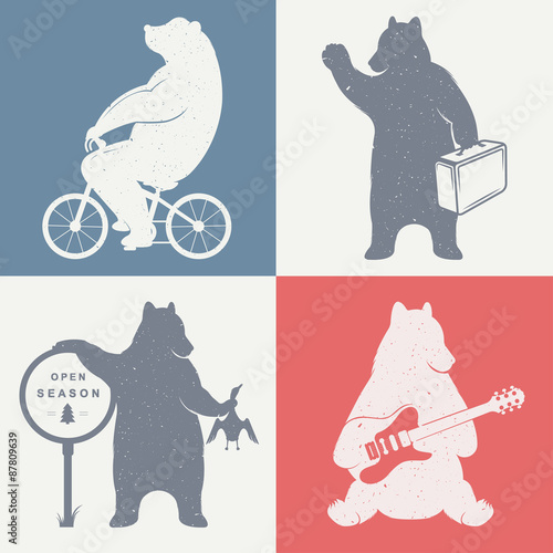 Vintage fun Illustration bear on a bike, bear hunter, travel bear and bear with musical guitar. Funny bears on a white background for posters and print T-shirts