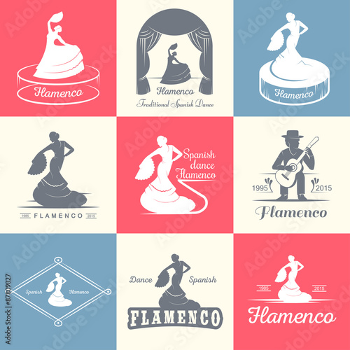 Set of vector logos, badges and silhouettes Flamenco. Collection emblems of traditional Spanish dance, signs school, clubs, shops and studios flamenco isolated on a white background