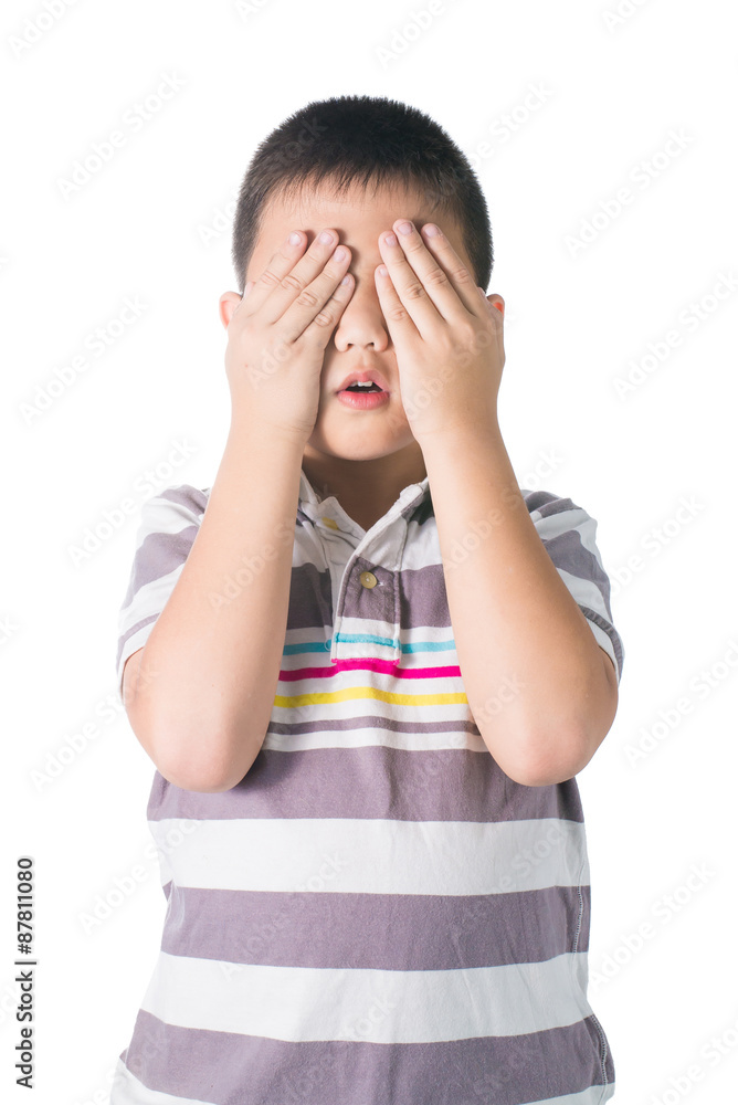 Asian Kid hide face under hands, playing hide-and-seek, isolated Asian Kid hide face under hands, playing hide-and-seek, isolated