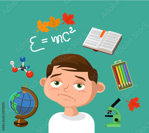 Schoolboy with school tools. Vector flat illustration